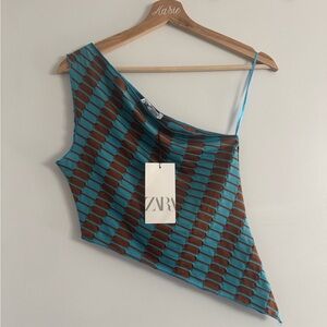 ZARA Geometric Blue and Brown One Shoulder Top